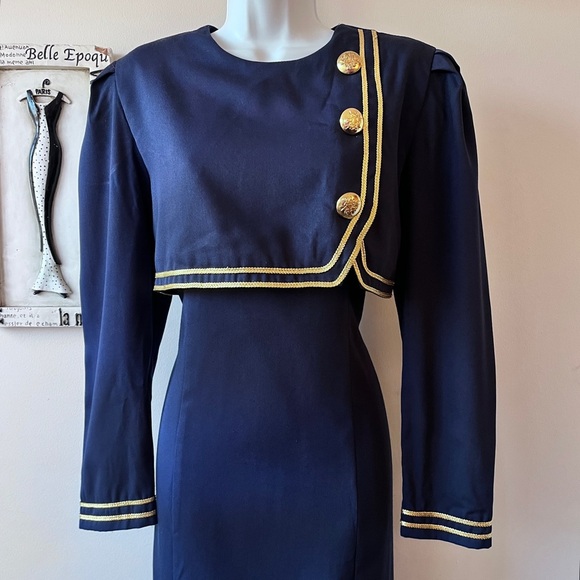 Vintage 80s Jessica Howard Military Flight Attendant Dynasty Navy Dress - Picture 2 of 12